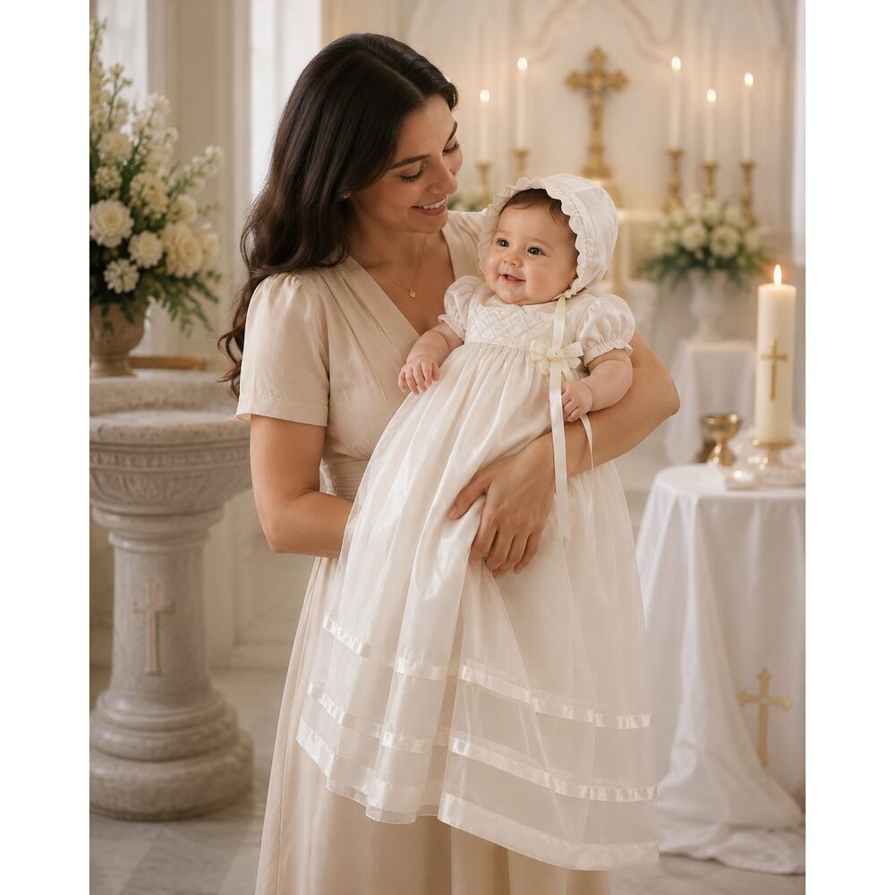 White Long Christening/Baptism Dress & Bonnet Set Size - 18 Months - NEW